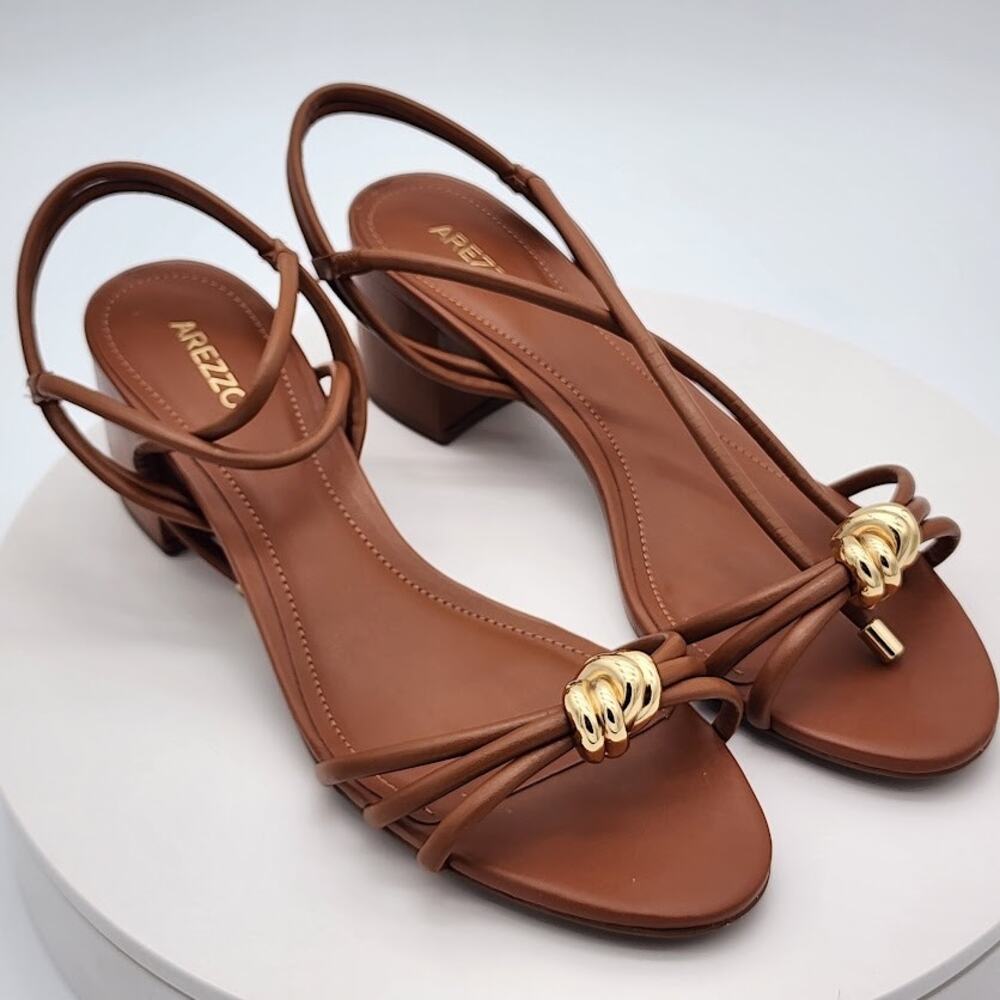 Arezzo Brown Leather Mid‑Heel Strappy Sandals with Gold Accent with box